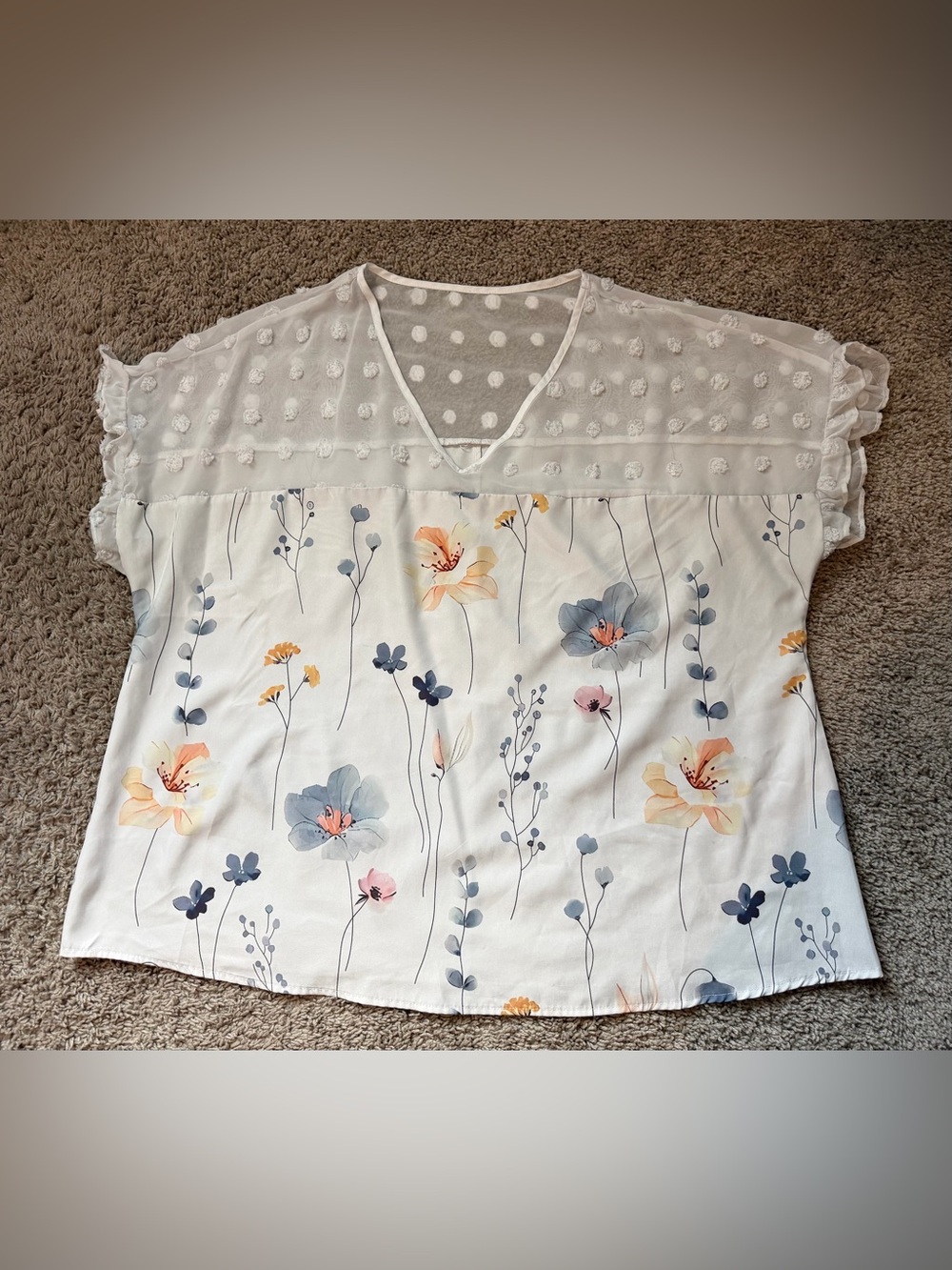 Floral White V-Neck Blouse with Sheer Dotted Yoke
